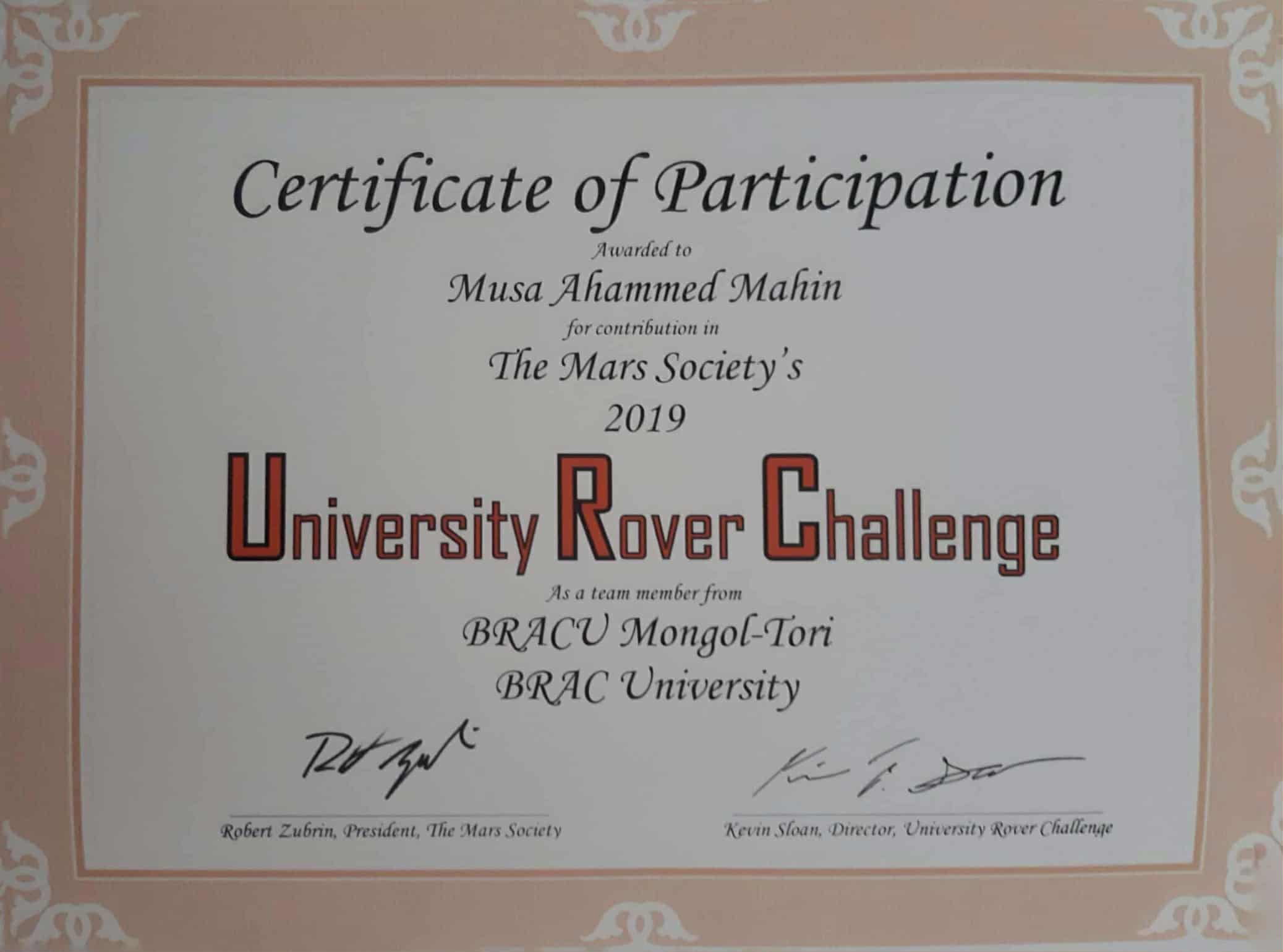 University Rover Challenge 2019 participation certificate for Musa Ahammed Mahin